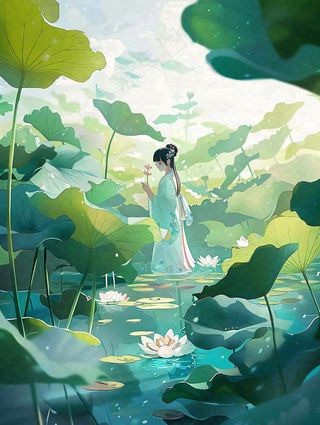 夏天插画风格古装少女在荷花池采莲花唯美夏日清凉小暑立夏夏至大暑插画背景