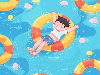 夏天游泳泳池人物游泳男孩蓝色背景泳圈夏日运动小暑大暑夏至立夏卡通插画背景