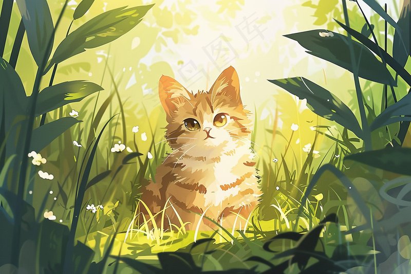 春日草丛里的猫橘猫可爱卡通插画背景(4032x2688)