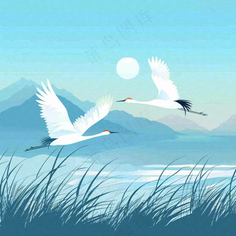 白鹭齐飞天水一色山水画芦苇荡清冷白露寒露插画背景(1024x1024)