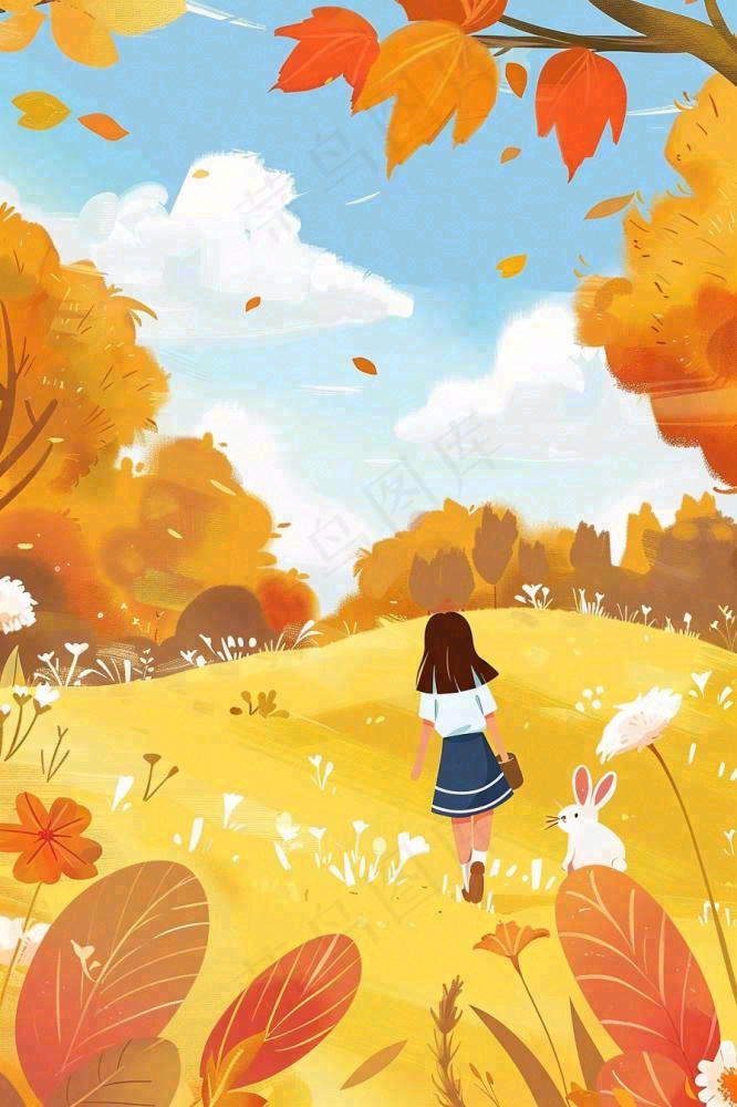 秋天秋意浓森林公园女孩白兔金黄树木草丛蓝天白云立秋秋分卡通插画背景