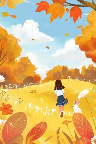秋天秋意浓森林公园女孩白兔金黄树木草丛蓝天白云立秋秋分卡通插画背景