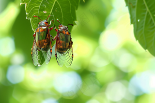 春天大树绿叶上的昆虫蝉摄影图