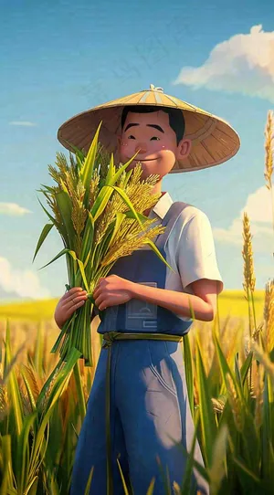 农民抱着一束水稻稻穗农田小满芒种插画背景