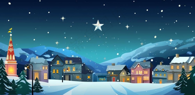 冬季雪天圣诞小镇装饰夜晚节日氛围卡通插画背景(1568x768)