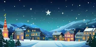 冬季雪天圣诞小镇装饰夜晚节日氛围卡通插画背景