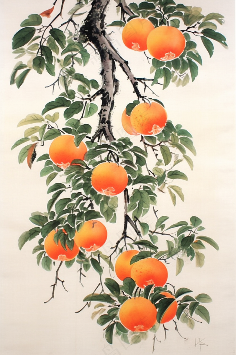 国画柿子橙子树枝水墨画素材背景(2688x4032)