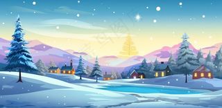 冬季雪天圣诞小镇装饰夜晚节日氛围卡通插画背景