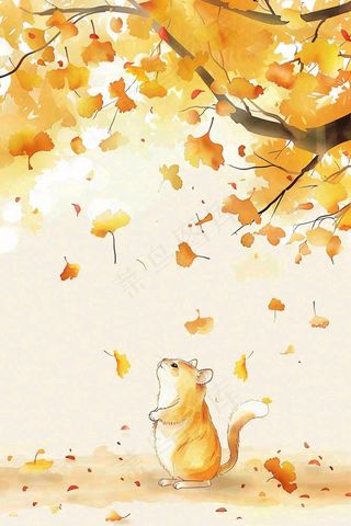 秋天银杏树下的松树秋意金黄色立秋秋分白露唯美插画背景