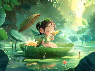 夏日清凉唯美荷花荷叶飘在水面孩童坐在荷叶上吃莲藕小暑立夏夏至大暑卡通插画处暑清凉背景