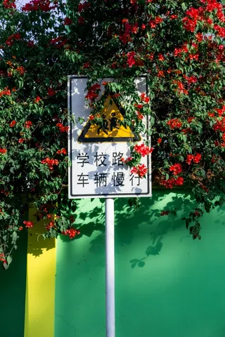 围墙鲜花下的路牌