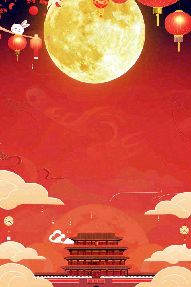 国庆红色喜庆灯笼祥云宫墙中秋圆月节日卡通插画背景(896x1344)