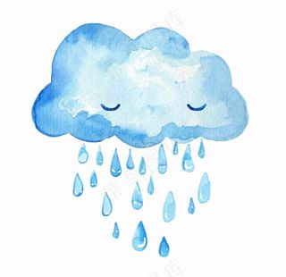 乌云下雨天气水彩卡通插画免抠