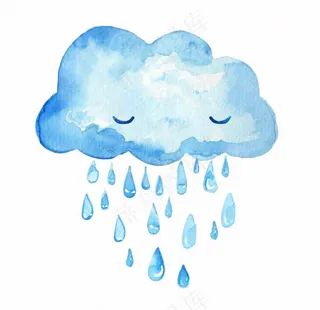 乌云下雨天气水彩卡通插画免抠