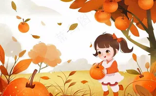 秋天摘水果的女孩果树落叶秋分立秋卡通插画背景