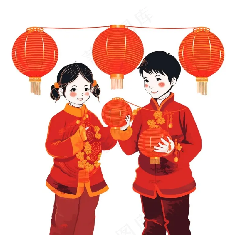新年儿童拜年张灯结彩国潮春节红色手绘卡通插画免抠(1024x1024)