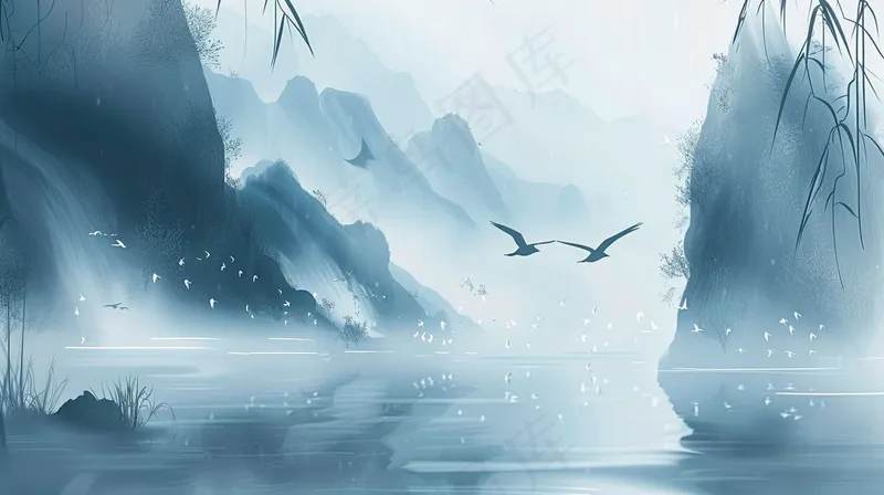 水墨山水画阴雨连绵青山插画背景(4368x2448)