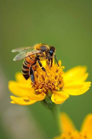 蜜蜂采蜜黄色花朵春天摄影图
