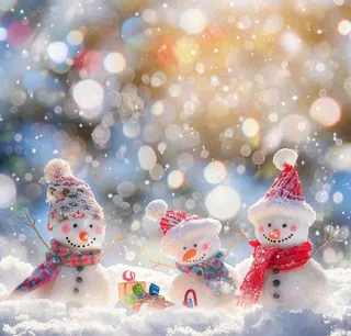 冬天雪地堆雪人唯美光圈温馨雪花飘零立冬冬至小雪大雪圣诞摄影图