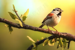 春天清晨小鸟站在枝头抽新芽摄影图