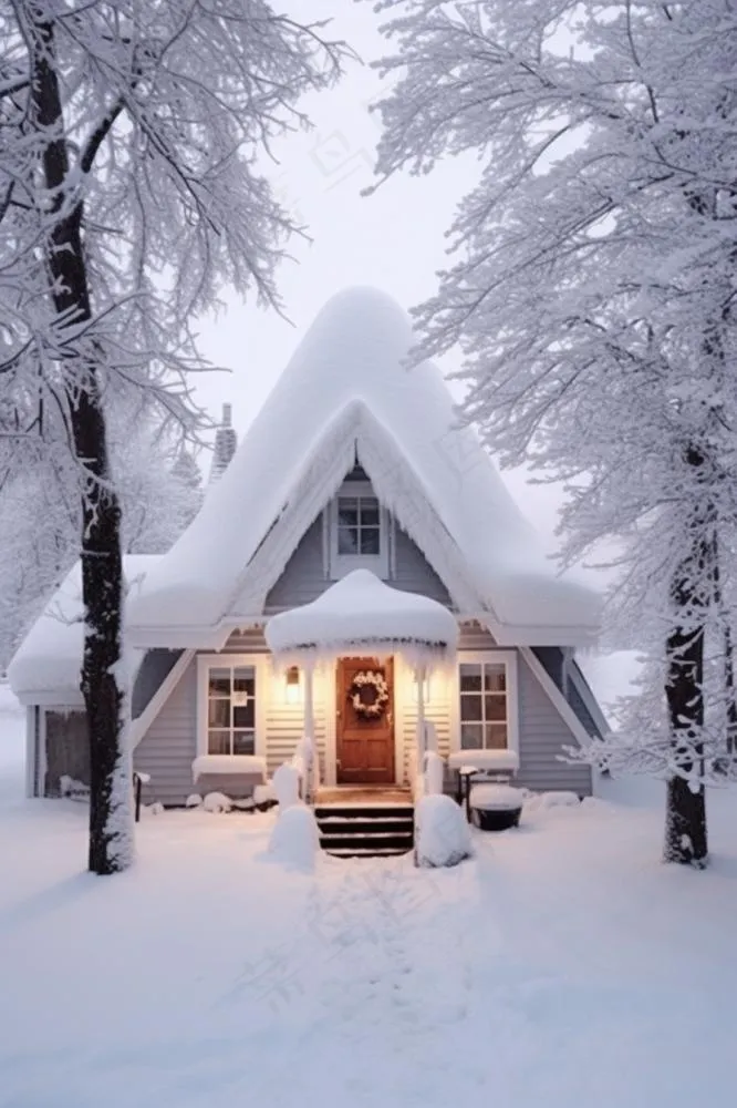 雪屋三角雪树背景(896x1344)