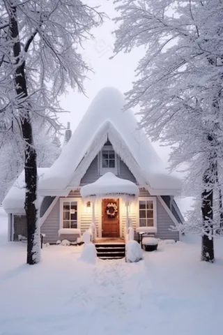 雪屋三角雪树背景