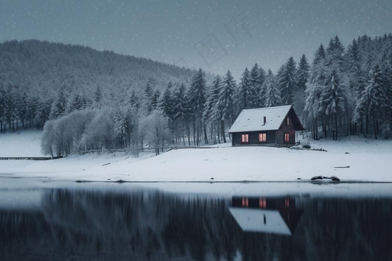 雪景小屋树林背景(1344x896)