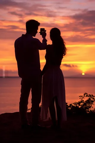夕阳落日海边的情侣拍照唯美晚霞摄影图