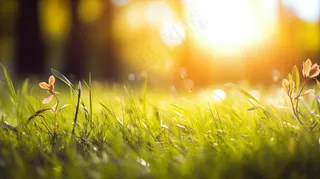 春天阳光下的草丛嫩叶新芽摄影图