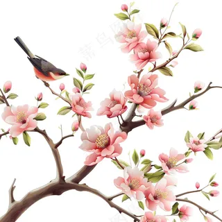 春天桃花树枝小鸟插画免抠