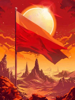 红色党建祖国山河剪影五角星城市旗帜建军建党油画插画背景