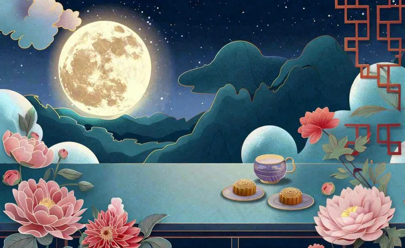 中秋晚宴赏月月饼喝茶牡丹花古风屏风祥云国潮风中国风插画背景(1408x864)