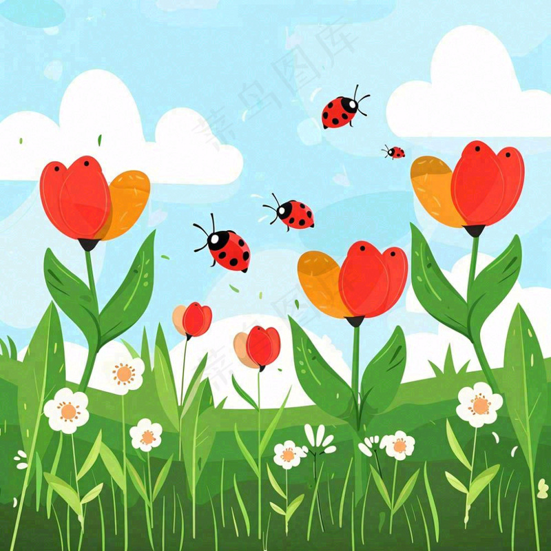 惊蛰雨水谷雨春天二十四节气卡通手绘插画瓢虫昆虫复苏绿色花草卡卡通插画背景