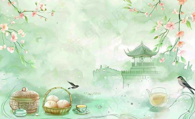 春天桃花春茶茶壶燕子清明山水国画中国风水墨插画背景茶文化采茶(1408x864)