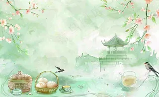 春天桃花春茶茶壶燕子清明山水国画中国风水墨插画背景茶文化采茶