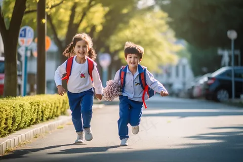 跑着上学的学生早晨阳光校园小道摄影图