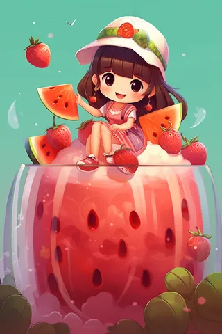 夏日冰西瓜汁刨冰饮料女孩坐着可爱卡通插画背景