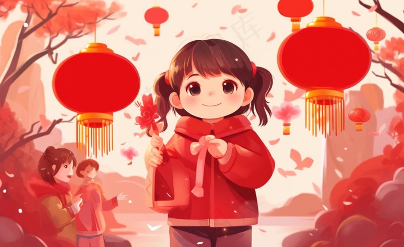 新年张灯结彩孩子们玩乐喜庆红色氛围庆祝卡通插画背景(1408x864)