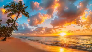 落日海洋沙滩夕阳晚霞摄影图 