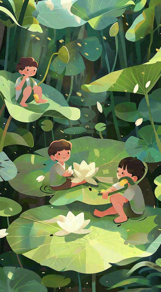 夏天池塘荷叶荷花下的儿童嬉水玩耍小清新绿色立夏小暑大暑夏至卡通插画背景