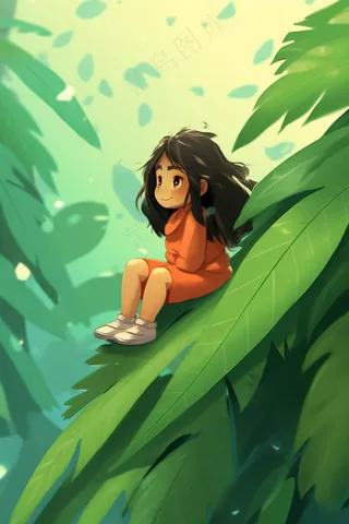 春夏女孩坐着绿叶上创意插画背景