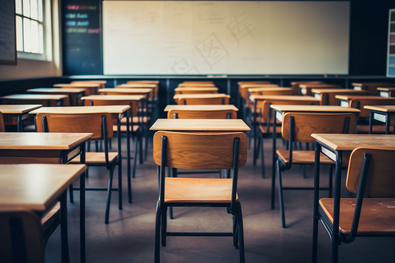 学校教室里的课桌书桌摄影图