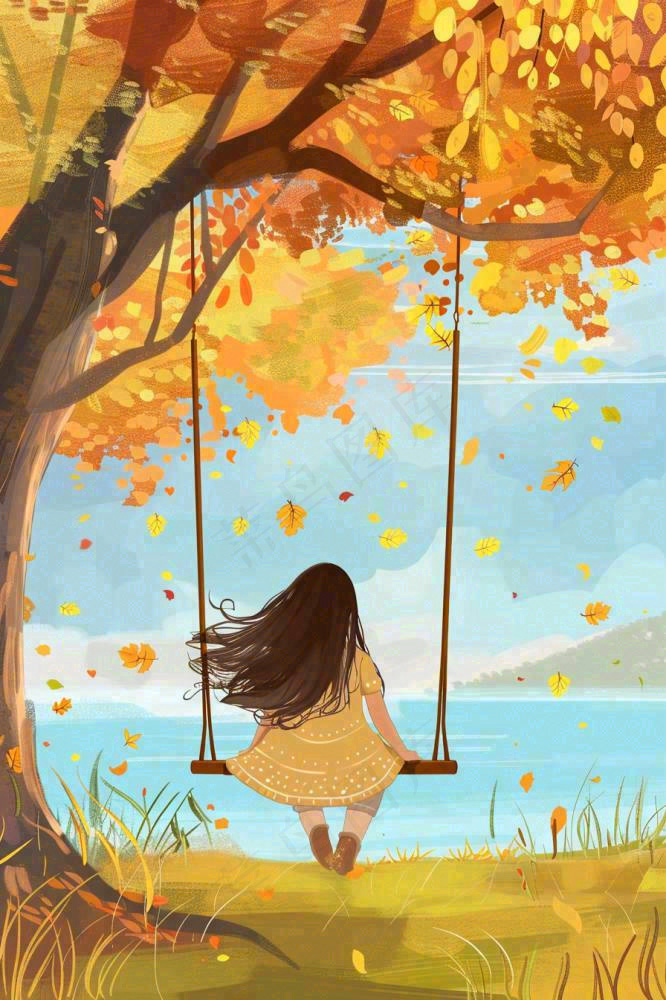 秋天湖泊大树下荡秋千的女孩落叶立秋秋分卡通插画背景(896x1344)