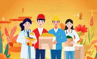 卡通人物劳动节职业人员橙色背景卡通插画背景