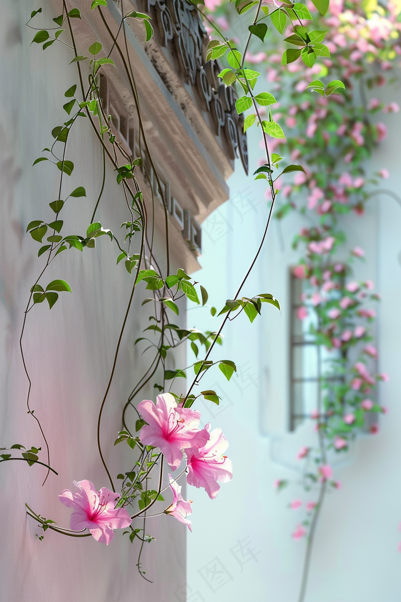 爬墙花藤粉色花朵藤蔓摄影图(2688x4032)