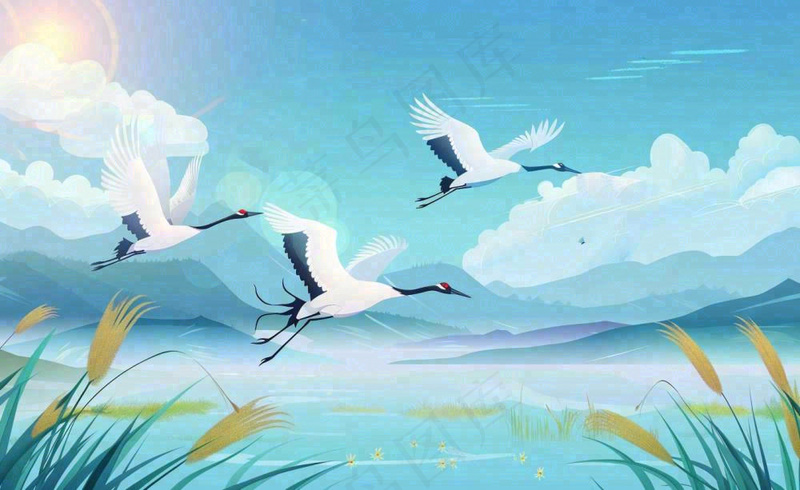 白露芦苇山水飞鹤插画蓝色唯美卡通插画背景