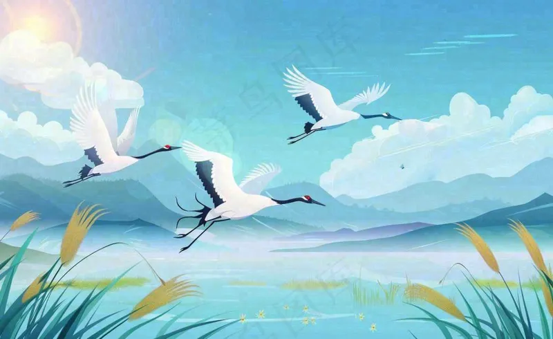 白露芦苇山水飞鹤插画蓝色唯美卡通插画背景(1408x864)