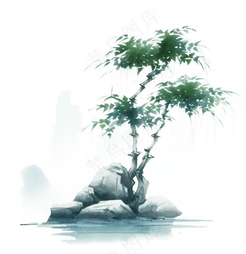水墨松树枫树山石植物手绘中国风古风国画水彩插画免抠(1024x1056)