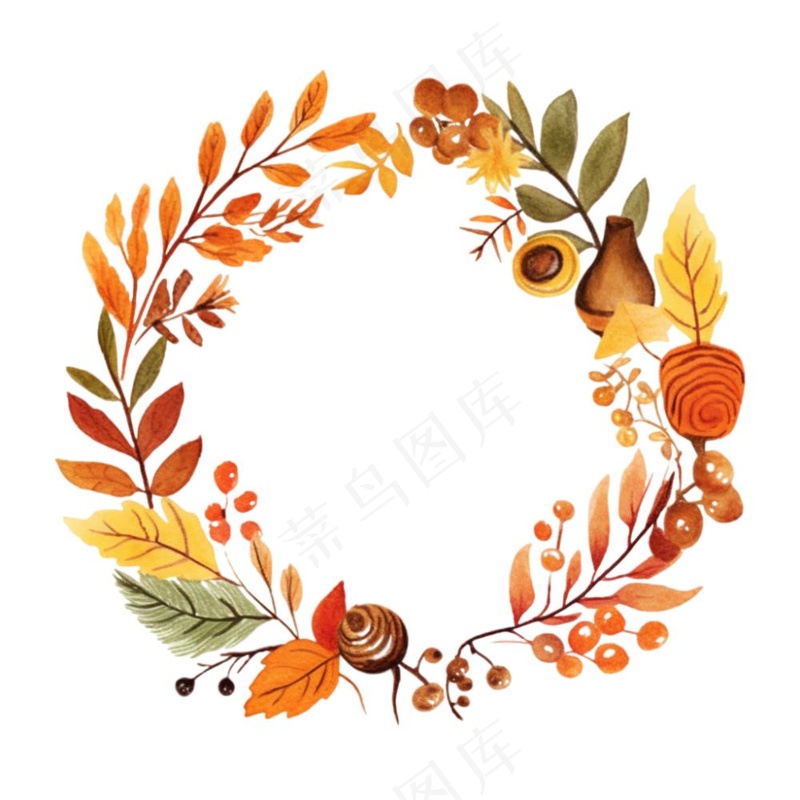 枫叶落叶树叶简约秋天圆形边框水彩画插画免抠