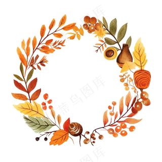枫叶落叶树叶简约秋天圆形边框水彩画插画免抠